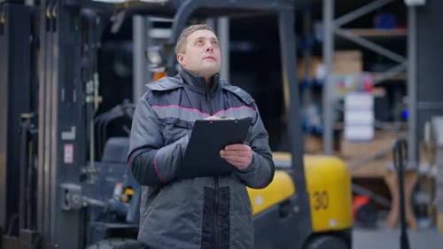 Caucasian Male Employee Standing in Industrial Warehouse Looking Up and Writing with Pen in