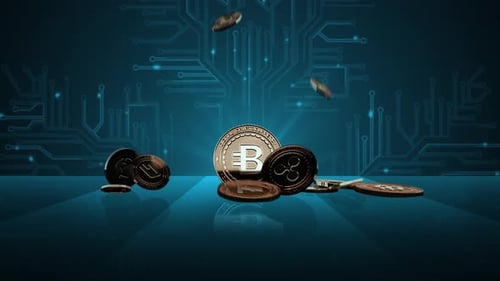 Falling Cryptocurrency Coins with Digital Circuit Board Background