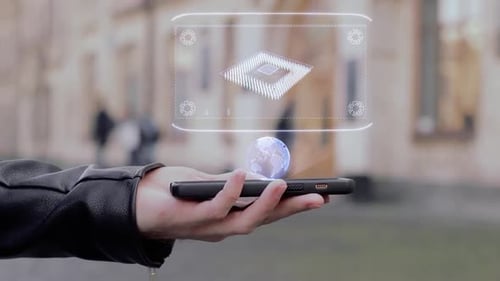 Male Hands Show on Smartphone Conceptual HUD Hologram Computer Microchip