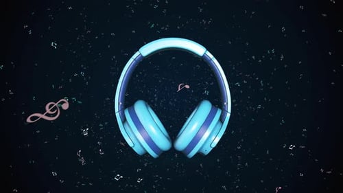 Animated 3D Blue Headphones Rotating with Floating Music Notes