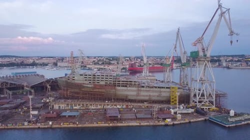 Ship Under Construction at Dockyard, Aerial View