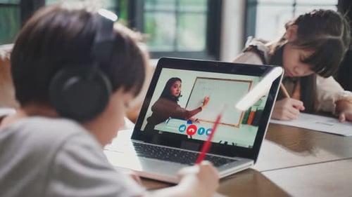 Homeschool Asian little young girl use laptop computer learning online class from school teacher.