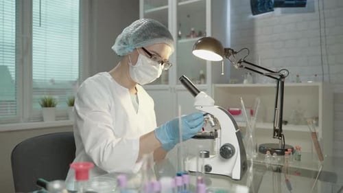 Female Doctor In Laboratory With Microscope And Chemical Test Tubes