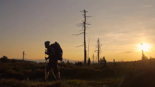 male hiker hiking with a backpack on a trail during beautiful sunset,