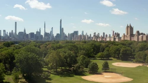 Beautiful Central Park View and Manhattan Skyline in Background at Sunny Summer Day