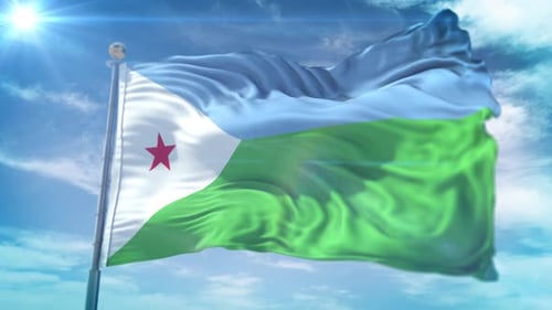 Waving Flag of Djibouti with Sun Flare and Blue Sky