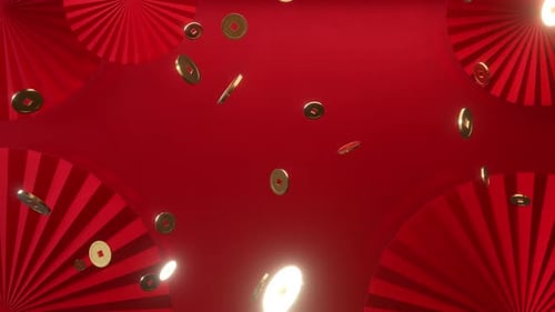 Chinese New Year Golden Coins and Red Fans Falling Background
