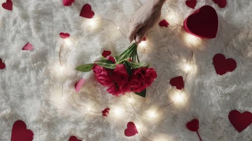 Romantic Roses Arranged on Furry Surface With Heart Decorations