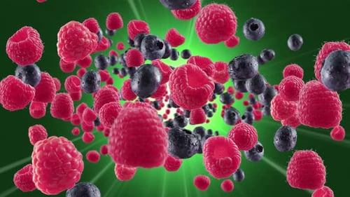 Burst of Raspberry Blueberry in Deep Green Background