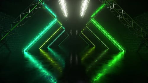 Abstract Neon Background Flying Forward Through the Corridor Glowing Green Blue Lines Appear