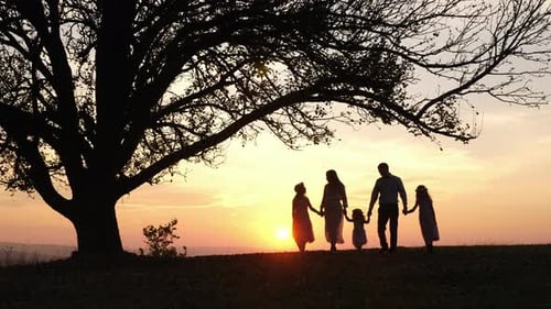 Silhouette Family Walking at Sunset by Large Tree