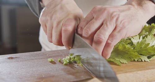 Slow motion of chef knife slicing celery leaves