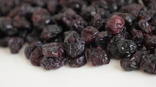 Pile of dehydrated cranberries 4K 2160p 30fps UltraHD panning footage - Vaccinium oxycoccos on whit