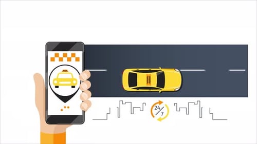Flat Design Animation: Hand Holding Smartphone with Taxi App and Driving Car