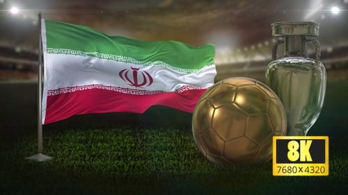 Waving Iranian Flag with Golden Soccer Ball and Silver Trophy