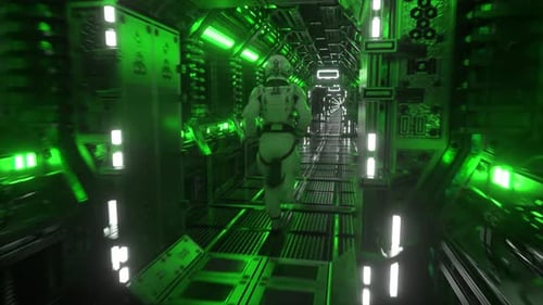 Astronaut Runs Through a Tunnel to Another Compartment of the Space Gate