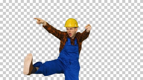 Dancing young engineer with helmet after work, Alpha Channel