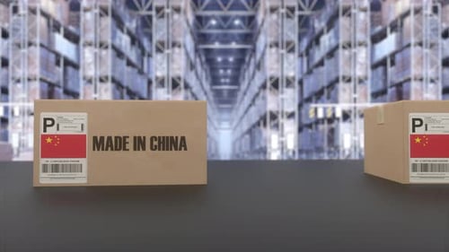 Boxes with MADE IN CHINA Text on Conveyor