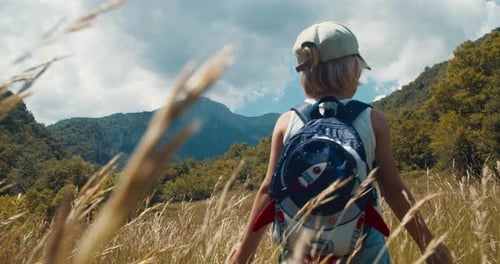 Happy Inspired Child Walk Through High Grass on Mountain Meadow on Journey