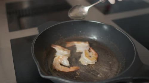 Frying Tiger Prawns In Pan