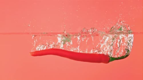 Super Slow Motion Chilli Pepper Falls Into the Water with Splashes