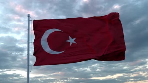 Realistic Waving Turkish Flag Animation Against Cloudy Sky