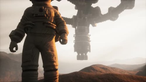 Astronaut Standing on Martian Planet with Futuristic Space Station