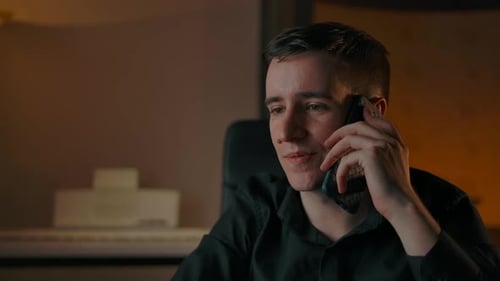 Young Man Talking on Cell Phone Indoors at Night