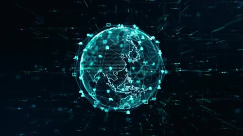 Futuristic Digital Globe with Global Network Connections and Icons