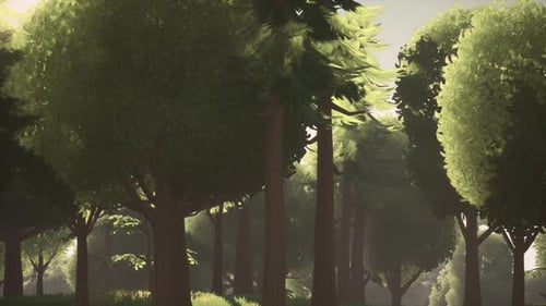 Cartoon Green Forest Landscape with Trees and Flowers