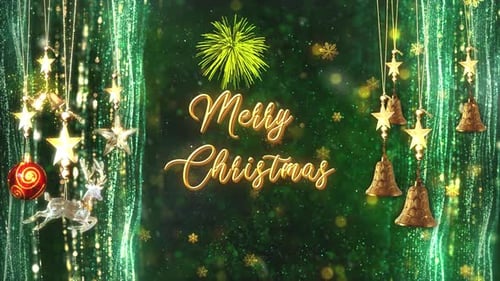 Golden Merry Christmas Greeting with Festive Animated Ornaments