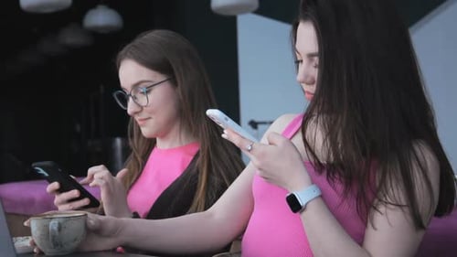 Two Girl Friends Sitting in a Cafe and Chatting with Friends