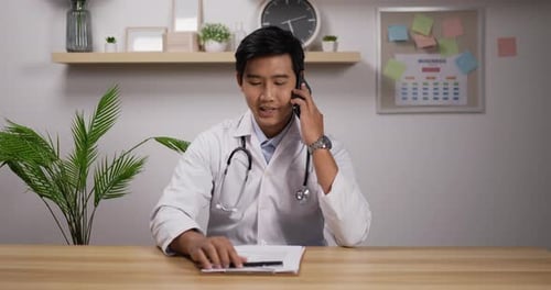 Doctor on Phone with Clipboard at Office Desk