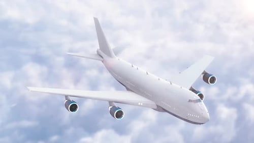 Modern White Airplane Flying through Clouds