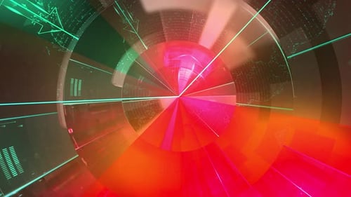 Animierter abstrakter Hintergrund auf abstraktem futuristischem Radar mit orange-mintfarbenen Neonlichtern