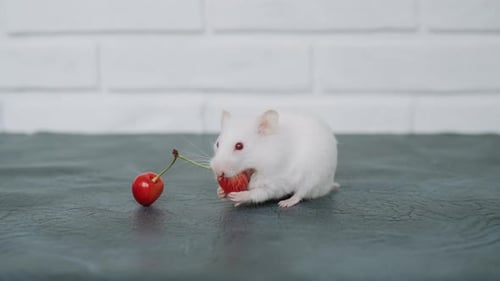 White Mouse Eating a Cherry Indoors