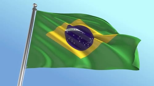 Realistic Brazil Flag Waving in Blue Sky Loop
