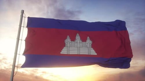 Cambodia Flag Waving Against Sunset Sky