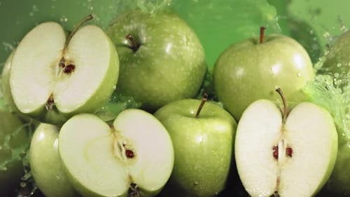 Slow Motion Shot of Green Apple Juice Splashing Through Apple Slices