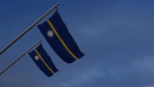 Nauru National Flag Waving on Flagpole with Blue Sky