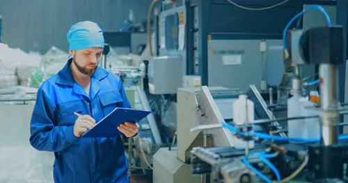 Man Taking Notes in a Factory