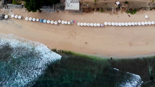 Aerial Top View Beach with Sun Parasol and Turquoise Sea