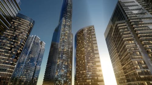 Rascacielos de la ciudad al atardecer