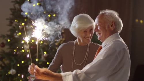 Senior Couple Celebrating Christmas with Sparklers