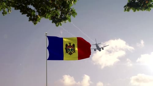 Moldova Flag Waving with Passing Airplane and City Reveal Animation