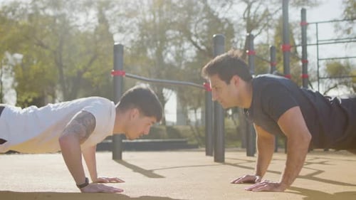 Young Adults Doing Push Ups Together Outdoors
