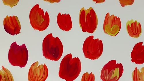 Paintbrush Painting Red and Yellow Flowers on White