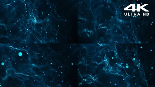 Abstract Blue Fluid Waves with Glowing Particles Background