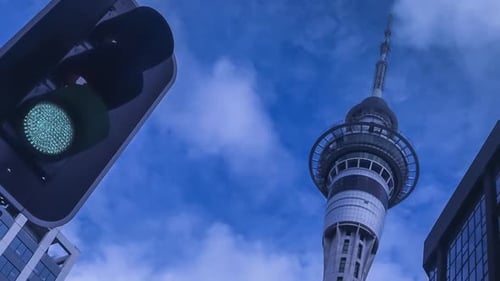 City Traffic Light with Skyscraper and Tower