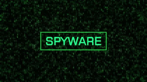 SPYWARE Warning Over Computer Binary Background. SPYWARE Text with Binary Code and Matrix Background